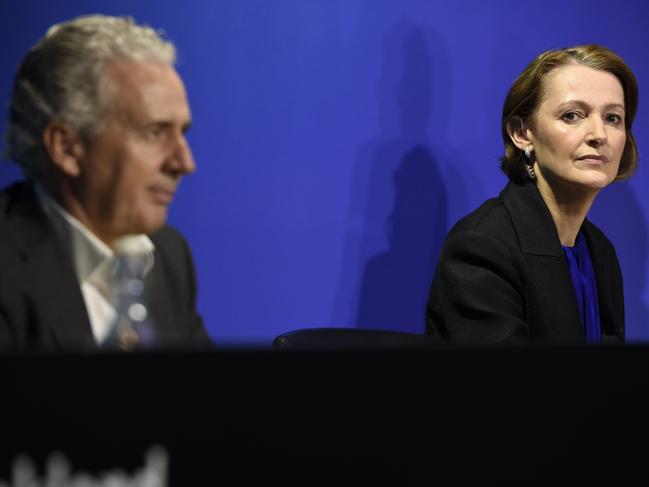 Andrew Penn, outgoing Telstra CEO, and incoming CEO Vicki Brady hand down the Telstra financial results for the 2021-22 financial year at the company's Melbourne headquarters. Picture: NCA NewsWire / Andrew Henshaw