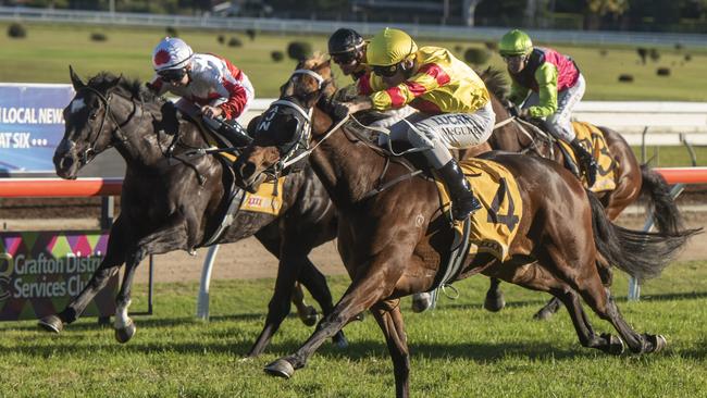 Winner of the 2019 Grafton Guineas, Charmed Princess, is brought to the front by jockey Matt McGuren.