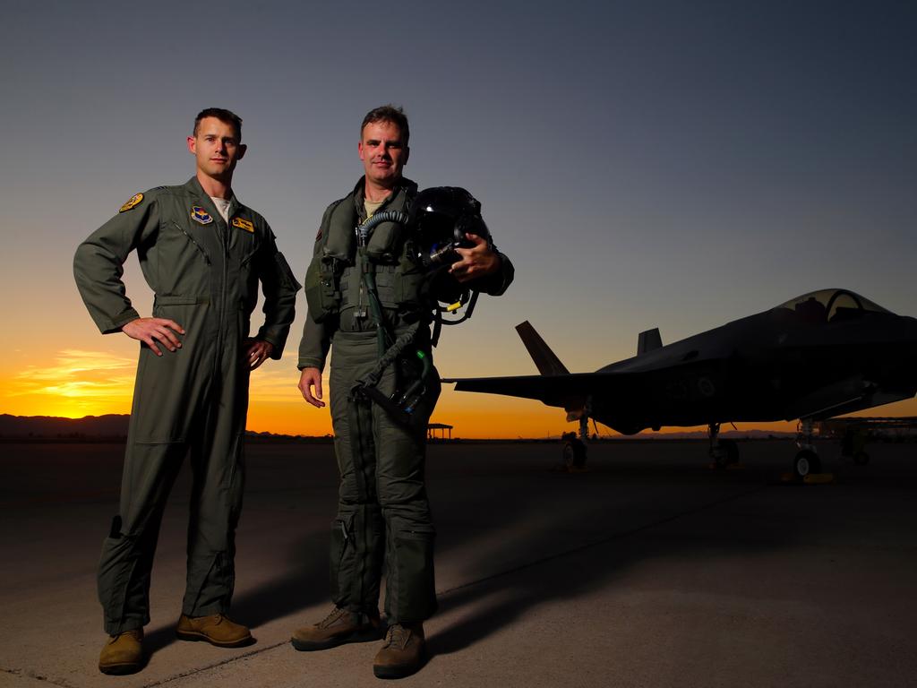 Australian Pilots training in the F35 fighter Jets Luke Airforce Base in Phoenix Arizona. Squadron leader Wing Commander Darren Clare (R) and Flight Lieutenant “Damo”. Picture: Nathan Edwards