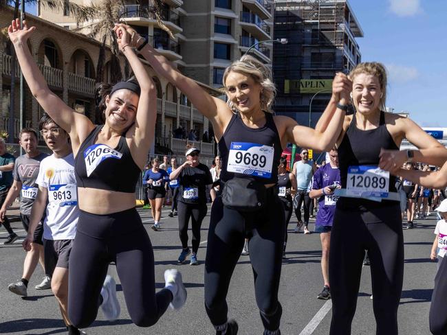 September 10, 2024: Nicola Komninos, Kayla Nella Bonfiglio, Alexandra Carey and Poojaa Anand at the end of The 2024 Lumary City-Bay Fun Run.  Picture: Kelly Barnes