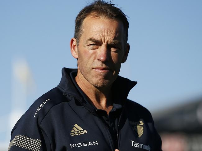 LAUNCESTON, AUSTRALIA - JULY 10: Hawks head coach Alastair Clarkson looks on before the round 17 AFL match between Hawthorn Hawks and Fremantle Dockers at University of Tasmania Stadium on July 10, 2021 in Launceston, Australia. (Photo by Daniel Pockett/AFL Photos/via Getty Images)