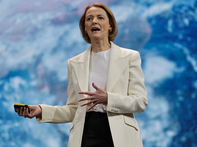 Telstra CEO and Managing Director Vicki Brady delivers a speech during Keynote 1 at the MWC (Mobile World Congress), the world's biggest mobile fair, in Barcelona on March 3, 2025. Surrounded by investment and innovation projects, the Mobile World Congress (MWC) kicks off today in Barcelona amid a context of euphoria but also tensions over artificial intelligence (AI), whose rapid advancement is shaking up the tech sector. (Photo by LLUIS GENE / AFP)