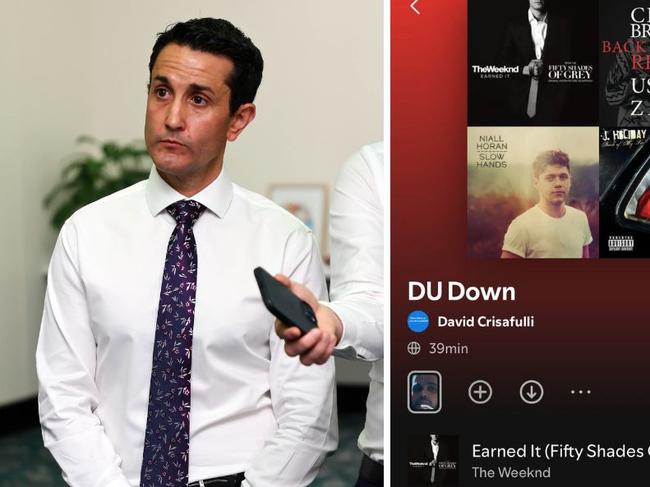 Queensland opposition leader David Crisafulli’s raunchy playlist has been revealed. Picture: Supplied.