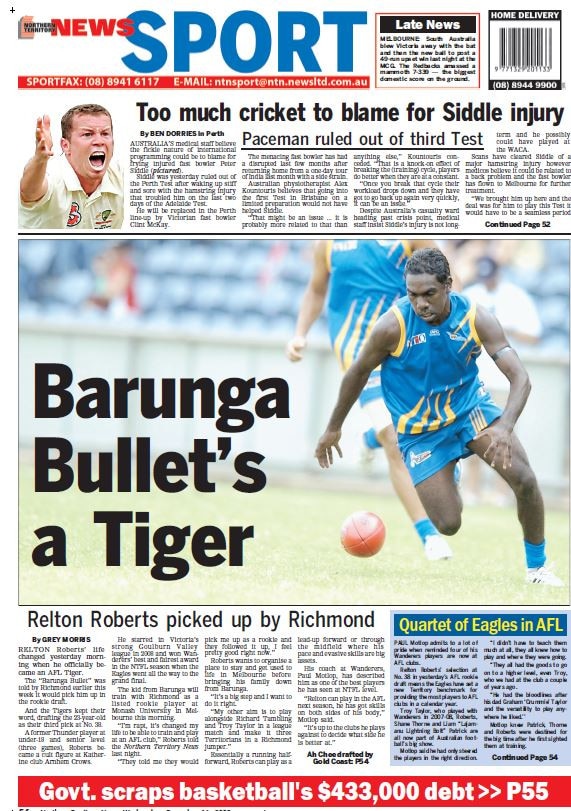 The back page of the NT News on the day after Roberts was drafted to Richmond