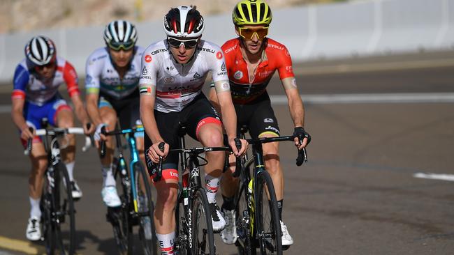 JEBEL HAFEET, UNITED ARAB EMIRATES - FEBRUARY 27: Tadej Pogacar of Slovenia and UAE Team Emirates / Adam Yates of The United Kingdom and Team Mitchelton - Scott Red Leader Jersey / Alexey Lutsenko of Kazakhstan and Astana Pro Team / David Gaudu of France and Team Groupama - FDJ / during the 6th UAE Tour 2020, Stage 5 a 162km stage from Al Ain to Jebel Hafeet 1033m / #UCIWT / #UAETour / @uae_tour / on February 27, 2020 in Jebel Hafeet, United Arab Emirates. (Photo by Justin Setterfield/Getty Images)