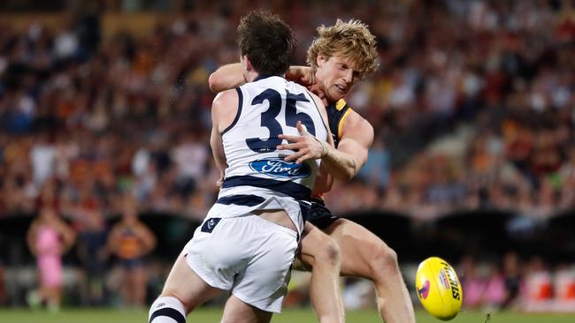 Patrick Dangerfield of the Cats and Rory Sloane of the Crows collide during the 2017 AFL First Preliminary Final. Picture: Michael Willson/AFL Media.