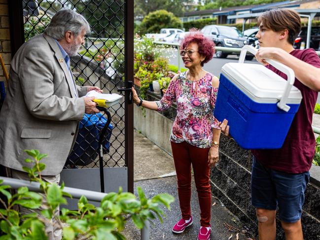 Cecilia and Louis deliver Meals on Wheels to John in Old People's Home for Teenagers. Picture: Nigel Wright