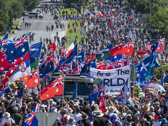 Thousands of demonstrators marched to Parliament House in Canberra on February 12. Picture: NCA NewsWire/Martin Ollman