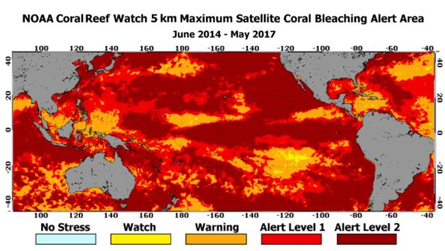 NOAA Coral Reef Watch's satellite Coral Bleaching Alert Area shows the maximum heat stress during the 2014-2017 bleaching event. Picture: NOAA