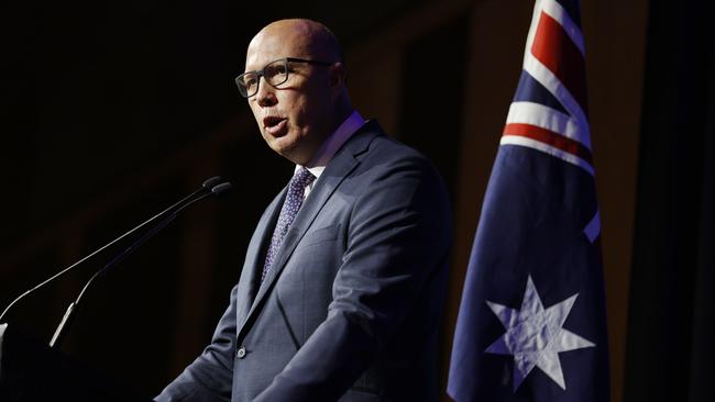 Peter Dutton speaks during the Liberal State Convention at the Fullerton Hotel in Sydney. Picture: NCA NewsWire / Dylan Coker