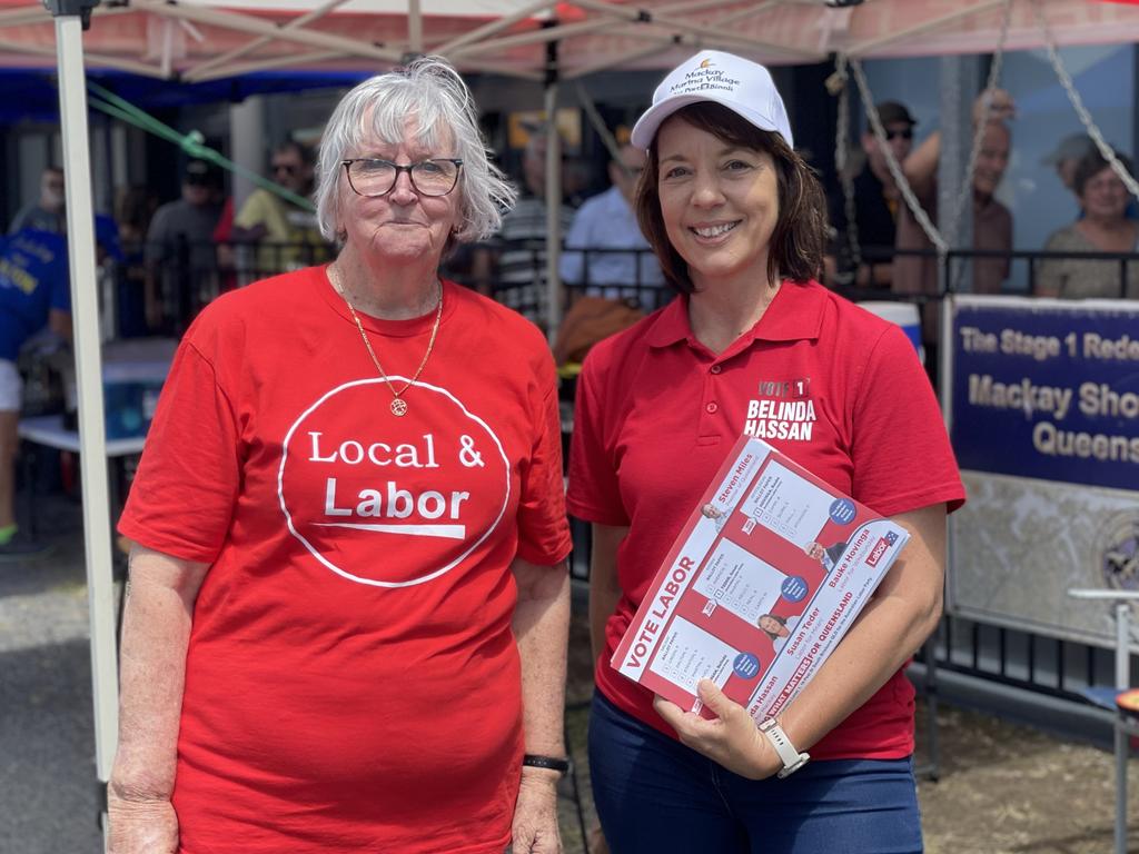 Labor candidate Belinda Hassan was joined by her mother Dorothy Colby at her booth at the Mackay Showground. Photo: Fergus Gregg