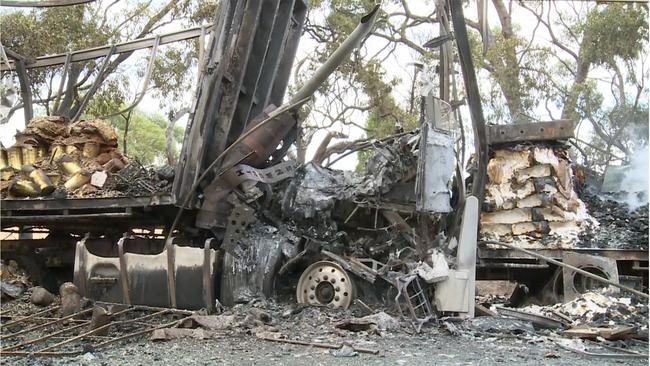 All three trucks burst into flames. Picture: Nine News