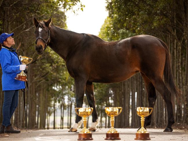 *HOLD FOR JUNE 8* MELBOURNE, JUNE 3, 2022: Three-time Melbourne Cup winner Makybe Diva pictured with her strapper Natalie Hinchcliffe, with her three Melbourne Cup trophies and the 2022 Lexus Melbourne Cup trophy. Picture: Mark Stewart