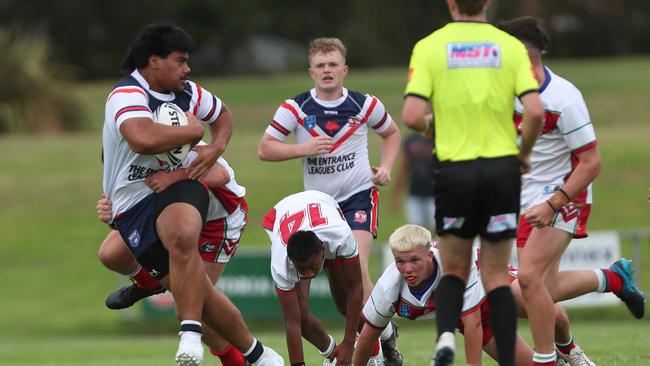 Blessing Foini in action for the Central Coast Roosters against the Monaro Colts in round one of the Andrew Johns Cup. Picture: Sue Graham