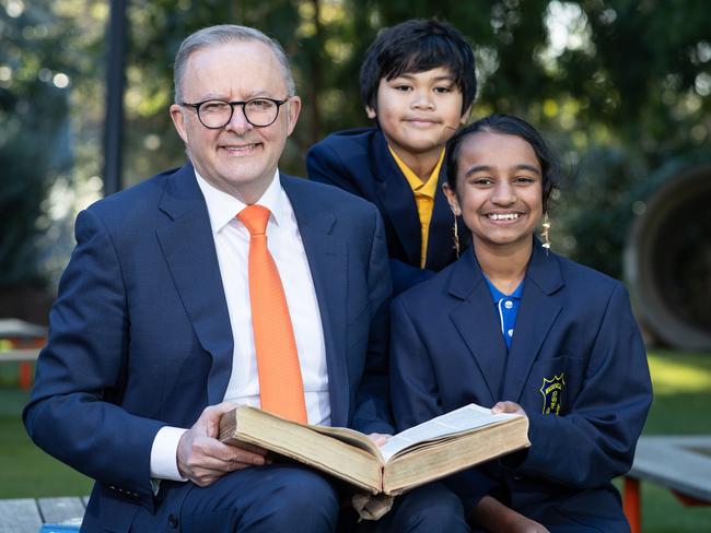 *** PICS FOR SUNDAY TELEGRAPH USE ONLY. EMBARGOED UNTIL SUNDAY 23RD JULY.  DO NOT USE ELSEWHERE WITHOUT FIRST CONTACTING JEFF DARMANIN.19/07/23. The Sunday Telegraph. News.Marrickville, Sydney, NSW, Australia.Prime Minister Anthony Albanese pictured with Year 6  Students at  Marrickville Public School, who participated in the 2022 Prime MinisterÃs Spelling Bee and are gearing up for 2023The PM is pictured with winners of The PremierÃs Spelling Bee, Katavu Manu (left/back) and Alena Kazi.Picture: Julian Andrews