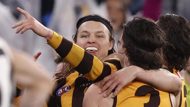 MELBOURNE, AUSTRALIA - JULY 20:  Jack Ginnivan of the Hawks celebrates a goal during the round 19 AFL match between Hawthorn Hawks and Collingwood Magpies at Melbourne Cricket Ground, on July 20, 2024, in Melbourne, Australia. (Photo by Darrian Traynor/Getty Images)