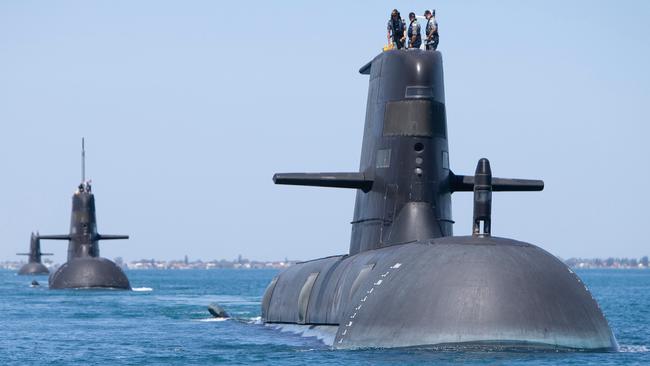 Collins Class submarines, HMAS Collins, HMAS Farncomb, HMAS Dechaineux and HMAS Sheean in formation while transiting through Cockburn Sound, Western Australia.