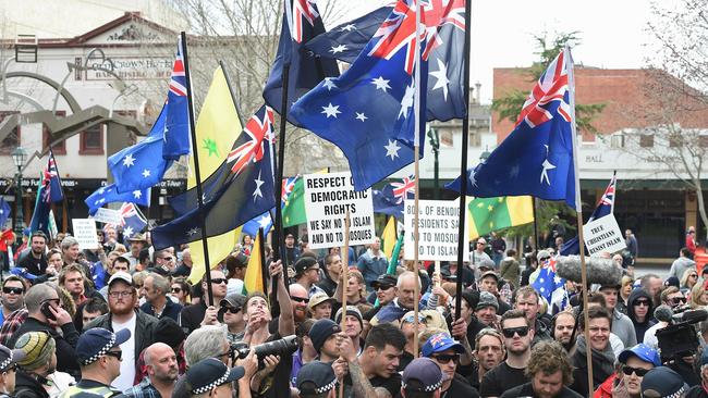 No Room for Racism protesters face off with Unted Patriots Front members. Picture: Jake Nowakowski