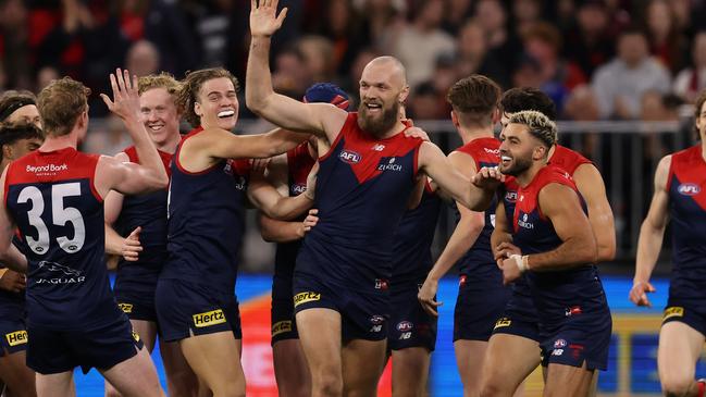 Max Gawn celebrates after scoring one of his five goals in the First Preliminary Final.