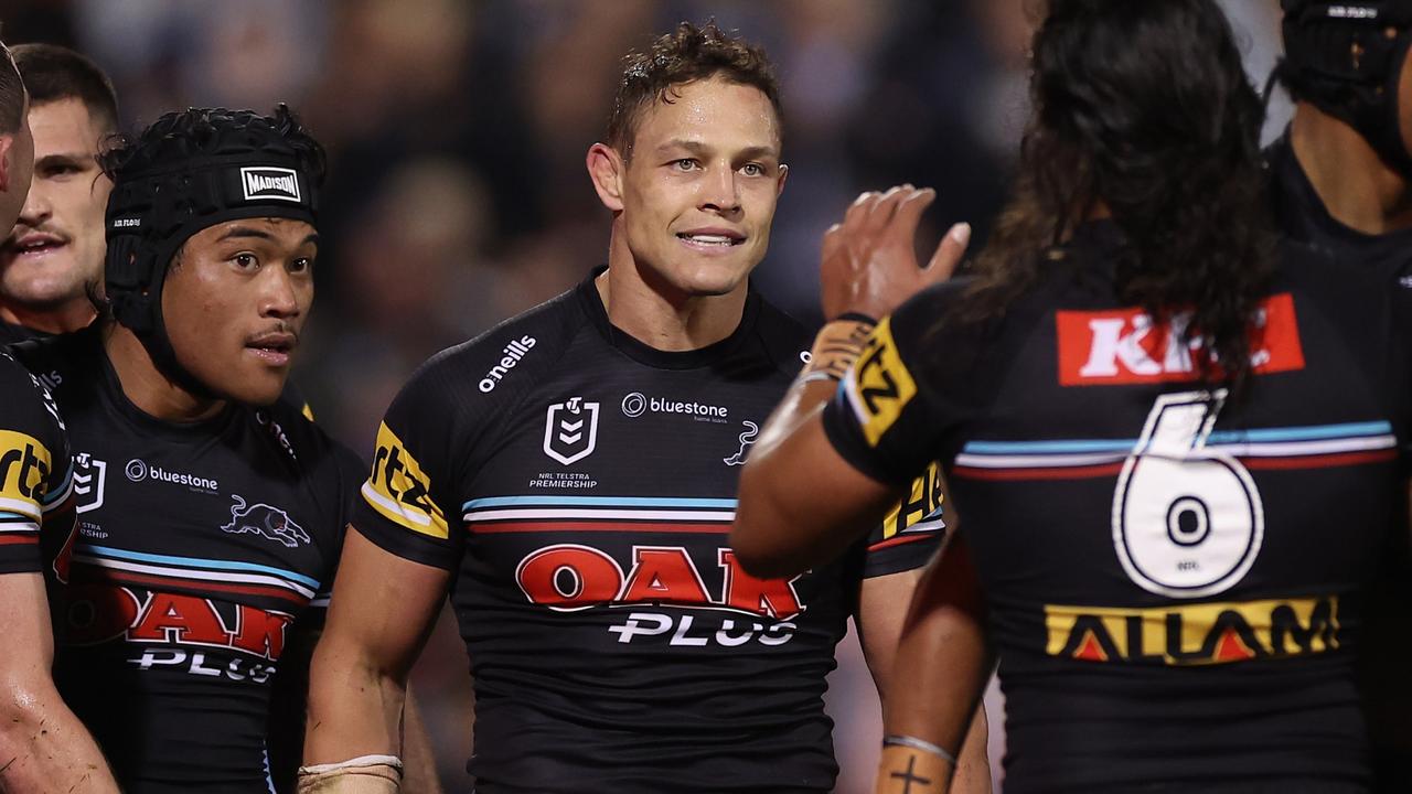 PENRITH, AUSTRALIA - MAY 12: Scott Sorensen of the Panthers celebrates with team mates after scoring a try during the round 11 NRL match between the Penrith Panthers and Sydney Roosters at BlueBet Stadium on May 12, 2023 in Penrith, Australia. (Photo by Mark Kolbe/Getty Images)