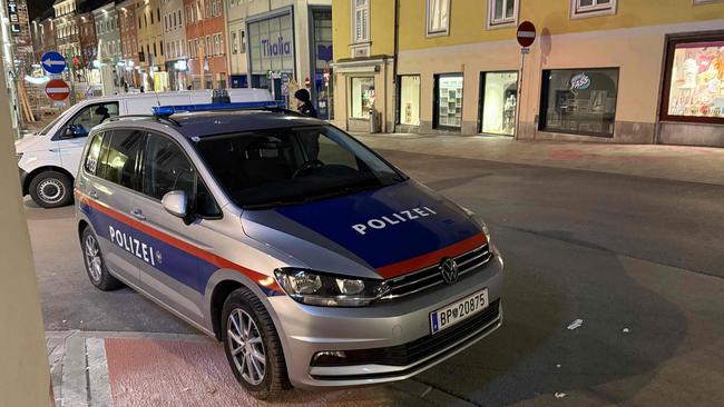 Police are seen after a knife attack near the main square in the city centre of Villach, southern Austria on February 15, 2025. Picture: Gerd Eggenberger/ AFP