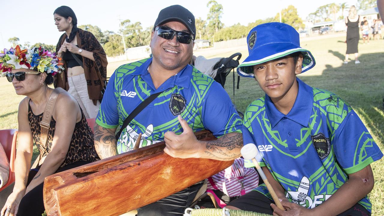 (from left) Manny Hiro and Maurima Dean. 2023 TRL Cultural Cup, SW Qld Emus vs Pacific Nations Toowoomba. Saturday, February 25, 2023. Picture: Nev Madsen.