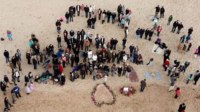 A drone shot of the Freshwater vigil for Justine.