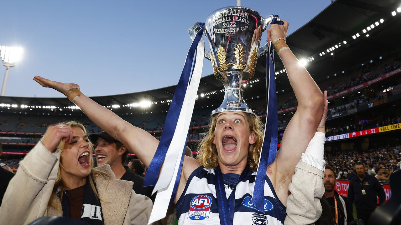 Sam De Koning celebrates being a part of Geelong’s 2022 premiership team. Picture: Daniel Pockett/AFL Photos/via Getty Images