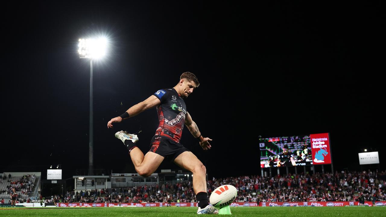 Zac Lomax has struggled with his goalkicking this year but booted the Dragons to victory over the Roosters. Picture: Getty Images