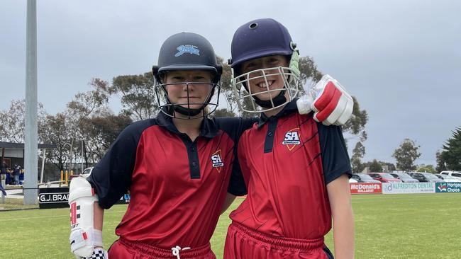 Ivy Hobbs and Bridget Slattery prepare to bat for South Australia. Picture: Shane Jones.
