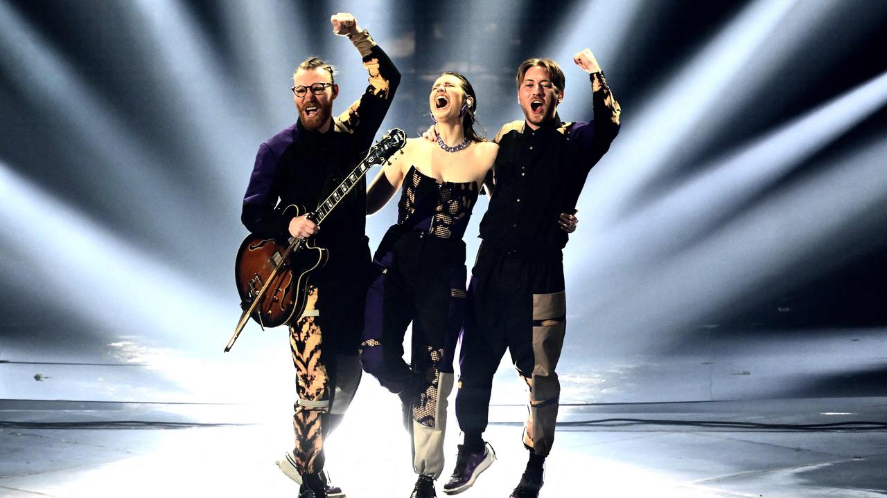 Members of the band We Are Domi, Benjamin Rekstad, Casper Hatlestad and Dominika Haskova after performing on behalf of the Czech Republic. Picture: AFP