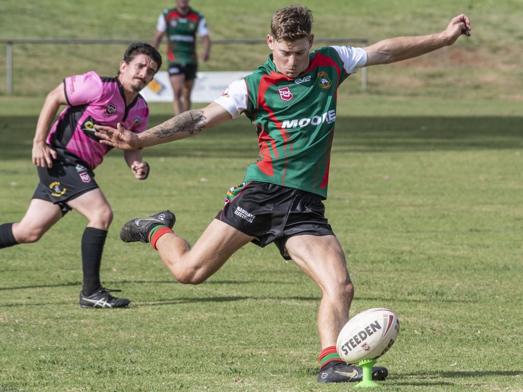 Brenton Clement kicks for Pittsworth. Picture: Nev Madsen.