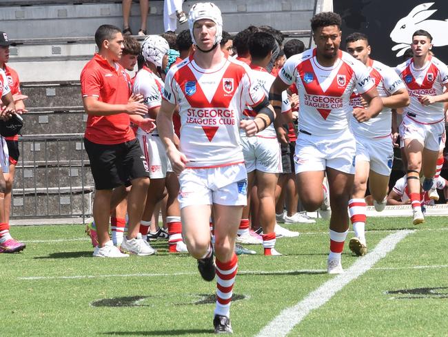 Captain Lewis Sargent-Wilson leads out the Dragons. Picture: Sean Teuma