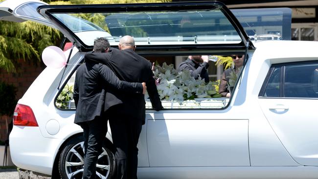 Celeste Manno's father Tony and uncle Gabriel at her funeral. Picture: Andrew Henshaw/NCA NewsWire.