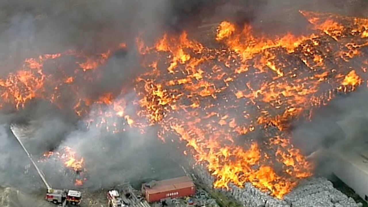 The 2017 fire at SKM’s Coolaroo warehouse in Melbourne where piles of glass were stored. Picture: Seven News