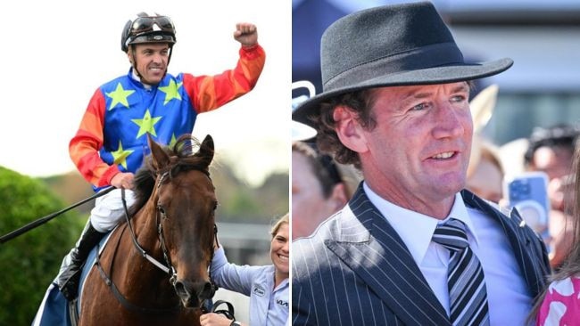 Ryan Maloney (left) celebrates after winning the Group 1 Tatt’s Tiara aboard Bella Nipotina for trainer Chris Maher (right). Picture: Trackside Photography/Racing Photos