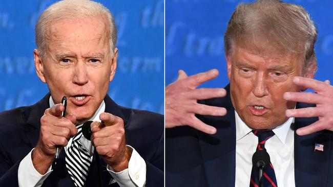 A New York Times live fact check found Joe Biden made five questionable claims while Donald Trump made 32. Pictures: Jim Watson and Saul Loeb/AFP