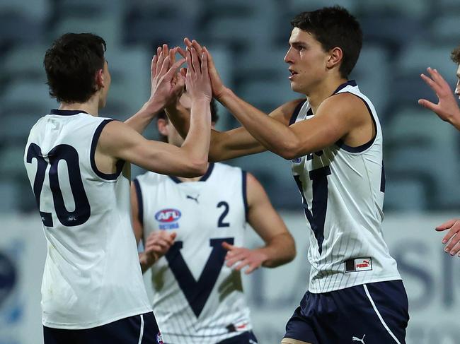 PERTH, AUSTRALIA - JUNE 30: Michael Rudd of Victoria Country celebrates a goal during the 2023 AFL National Championships U18 Boys match between Western Australia and Vic Country at the WACA on June 30, 2023 in Perth, Australia. (Photo by Paul Kane/AFL Photos/via Getty Images)