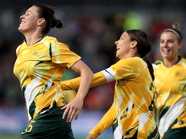Emily Gielnik of the Matildas celebrates a goal during the International friendly match between Australia and Chile at Coopers Stadium in Adelaide, Tuesday, November 12, 2019. (AAP Image/James Elsby) NO ARCHIVING, EDITORIAL USE ONLY