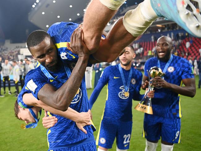 Antonio Rudiger lifts teammate Andreas Christensen after winning the FIFA Club World Cup final in February. Both players are free to leave Chelsea in summer, which now looms as a distinct possibility. Picture: Michael Regan – FIFA/FIFA via Getty Images