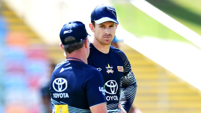 Michael Morgan speaks with Coach Paul Green. NRL; North Queensland Cowboys pre-season training at 1300 Smiles Stadium. Picture: Alix Sweeney