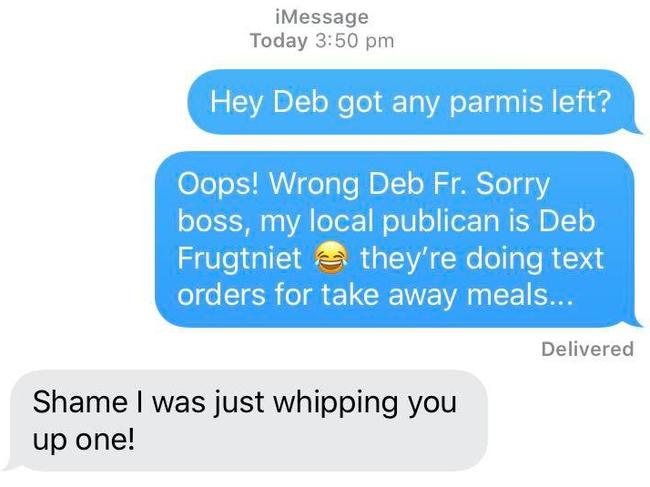 A text message requesting a chicken parmigiana sent by Bonney MP Sam O’Connor to LNP leader Deb Frecklington.