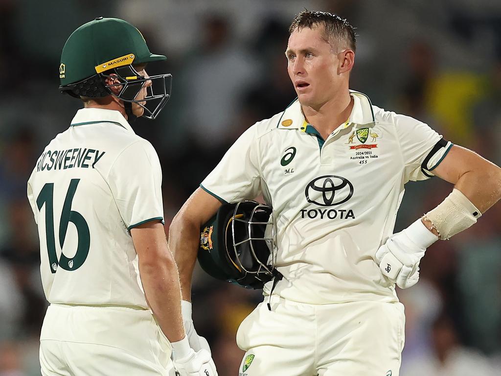 Marnus Labuschagne talks to Nathan McSweeney during their half-century stand. Picture: Getty Images