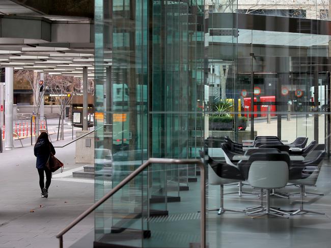 Empty streets and buildings closed in the city as Sydney enters its 4th week of lockdown due to the current Covid 19 outbreak. The foyer of Grosvenor Place. Picture: Toby Zerna