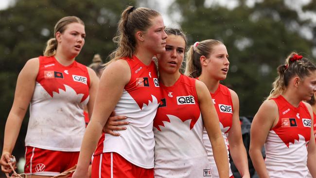 Disappointed Swans players missed out on their maiden AFLW win.