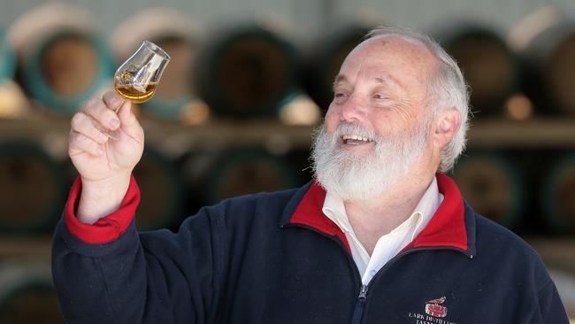 Bill Lark with a glass of the new whisky. The worldÕs best-travelled whisky is being bottled right now in Tasmania. Originally placed in two unique 20-litre Australian fortified wine barrels in 2013 and loaded on board Spirit of Tasmania I and II more than 12-months ago, the whisky has matured on 403 crossings, travelling 172,887 kilometers in the process.