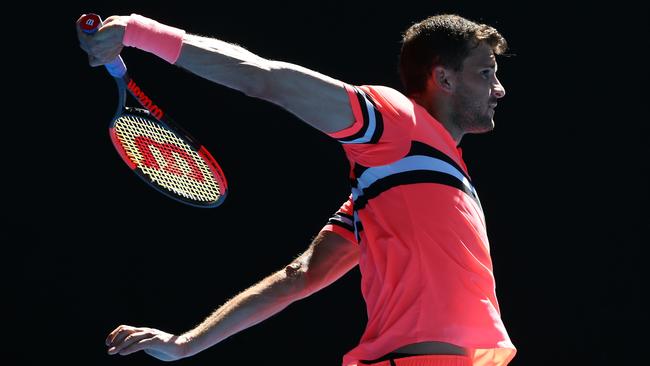 Grigor Dimitrov shows his backhand style on Rod laver Arena. Picture: Getty