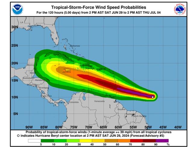 Beryl is expected to bring life-threatening winds and storms to the Windward Islands. Picture: NOAA