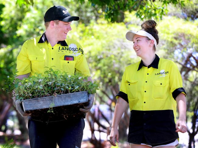 Eight years ago the Nepean Creative and Performing Arts High School had only 700 students but now has over 1100. In December 2018, students William McKenzie, 15, and Selena Ledbrook, 17, took part in a work apprenticeship landscaping program at Emu Plains. Picture: AAP