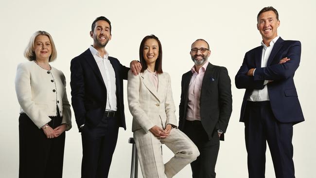 Financial advisers who made The List 150 – Laurel Moulynox of Morrows Private Wealth, Richard Felice of Belay Advisory, Cathy Ding of Morgan Stanley Wealth Management, Charlie Viola of Viola Private Wealth and Sean Abbott of Koda Capital. Picture: John Feder